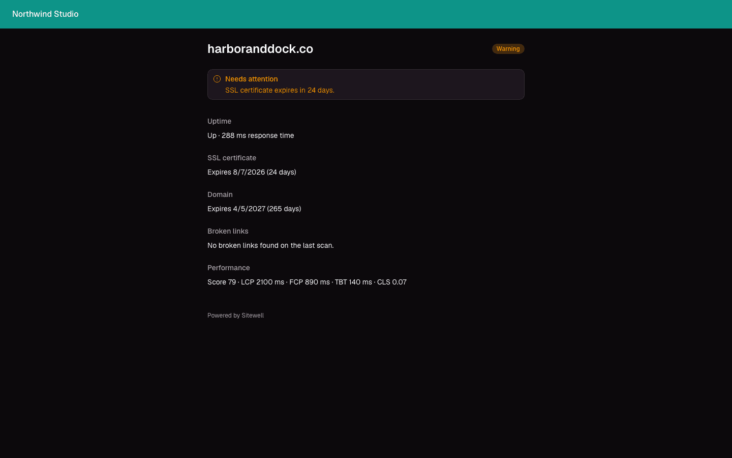 A branded public status page showing a client's own name, color, and monitoring details